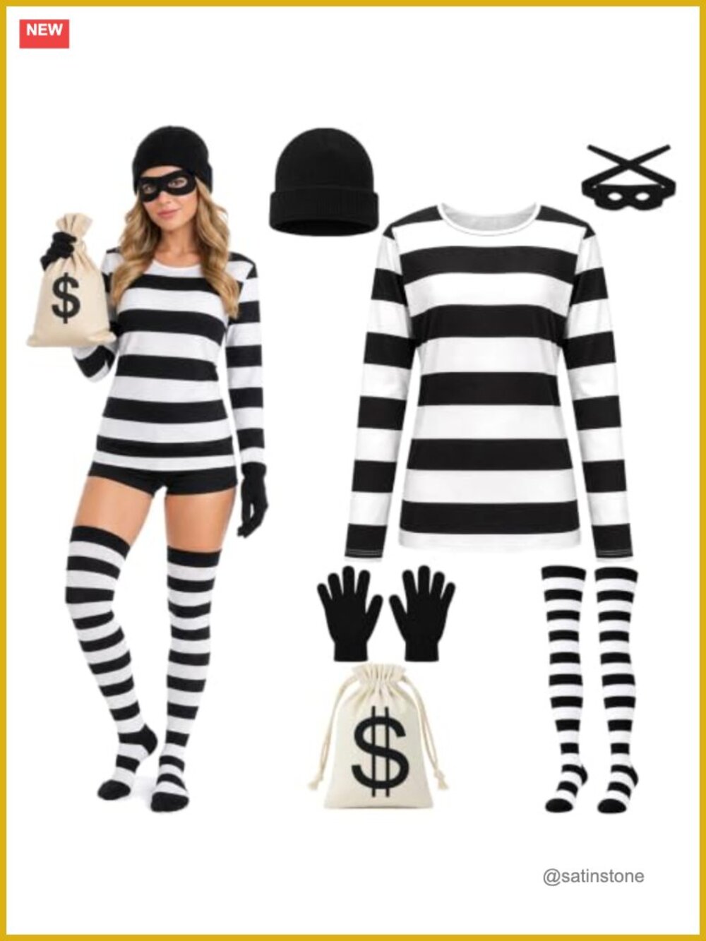 Women's Robber Costume Set Striped Tee Socks Hat Gloves Money Bag Halloween
